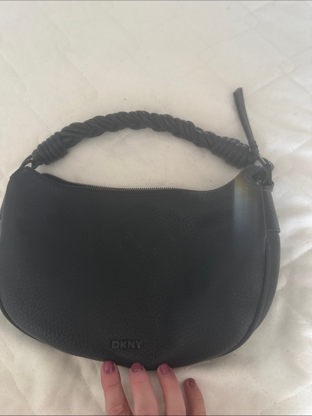 DKNY Black Pebbled Leather Shoulder Bag with Braided Handle
